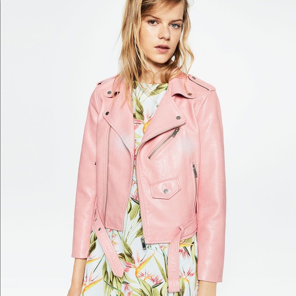 Pink biker faux leather jacket